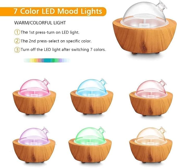 280ml Glass Essential Oil Diffuser Wood Grain Base Air Aroma Diffusers for Aromatherapy Cool Mist Humidifier with Safe Auto Shut-Off and 7 Color LED Night Lights for Home Office Room