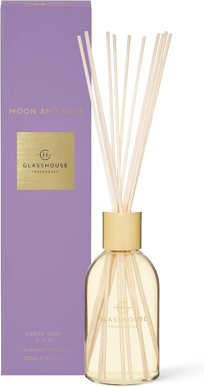 Glasshouse Fragrances Moon and Back Reed Diffuser, Home Fragrance & Perfume Scented Room Decor, Natural & Oil Free, Sugar Dust & Lily, 8.5 Oz (250mL)