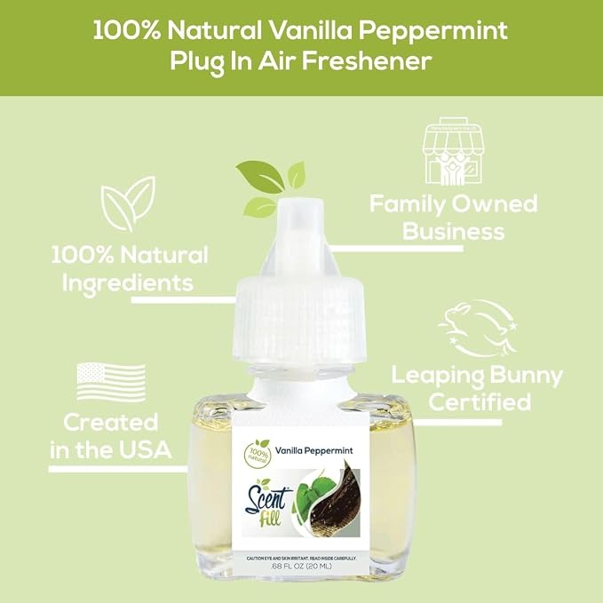 Scent Fill 100% Natural Vanilla Peppermint Plug in Air Freshener, Scented Oil Refills, 3 Refills