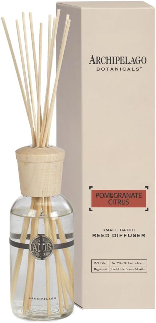 Archipelago Botanicals Pomegranate Citrus Reed Diffuser, Home Fragrance Reed Diffuser, Includes Fragrance Oil, Decorative Wooden Cap & 10 Diffuser Reeds, Perfect for Home, Office or Gift, 7.85 fl oz