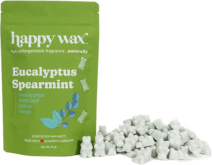 Happy Wax Eucalyptus Spearmint Scented Bear Wax Melts - Natural Strong Eucalyptus Scented Wax Melts Infused w/Essential Oils - Non Toxic Soy Wax for Warmers (8 oz Pouch)