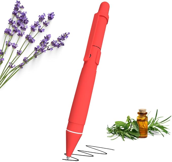 Aromatherapy Writing Pen Battery with Real Ink Tip and Hidden Diffuser Port, Soft Touch Ballpoint for Note Taking, Signature, and On-The-Go Relaxation, Rechargeable Wellness Gift for Office (Red)