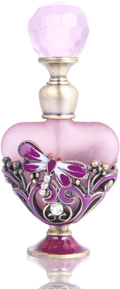YU FENG Vintage Dragonfly Pewter and Glass Perfume Bottle with Diamand, Empty Refillable Mini Perfume Bottle