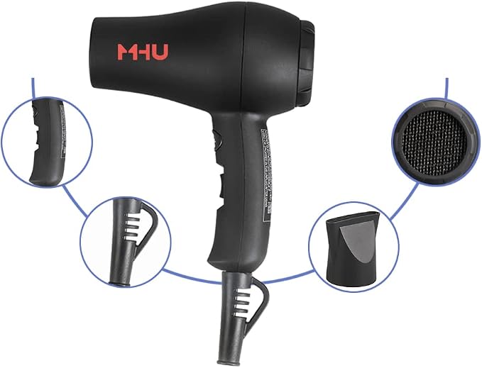 Travel Mini Hair Dryer Ceramic Ionic 1000 Watts Blow Dryer for RV Lightweight 2 Speed Settings with a Concentrator, Black