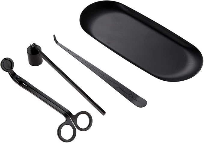 MUXSAM 4 in 1 Candle Accessory Set - Candle Wick Trimmer, Candle Wick Dipper, Candle Wick Snuffer, Storage Tray Plate, Candle Care Tools Gift for Candle Lovers Home Decoration (Black)
