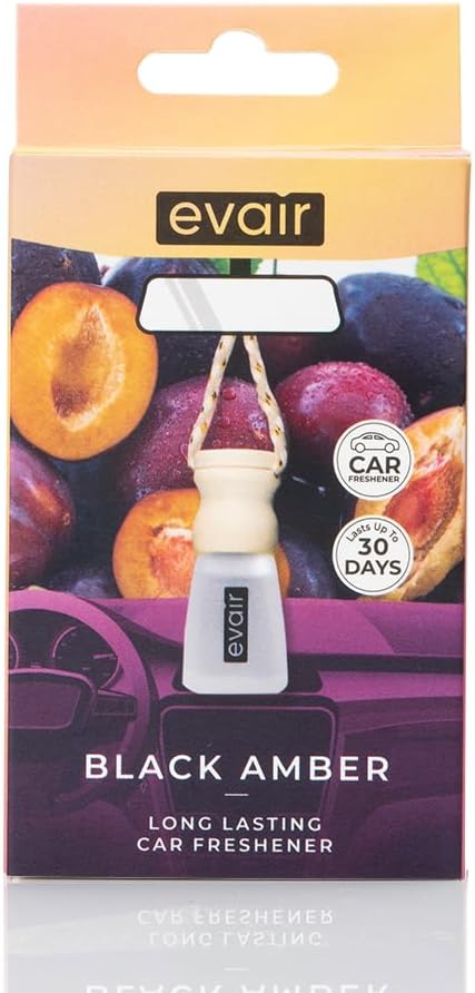 Evair Car Air Freshener | Hanging Air Freshener Car Diffuser | Long Lasting Scents made with Essential Oil | Alcohol Free (Black Amber)