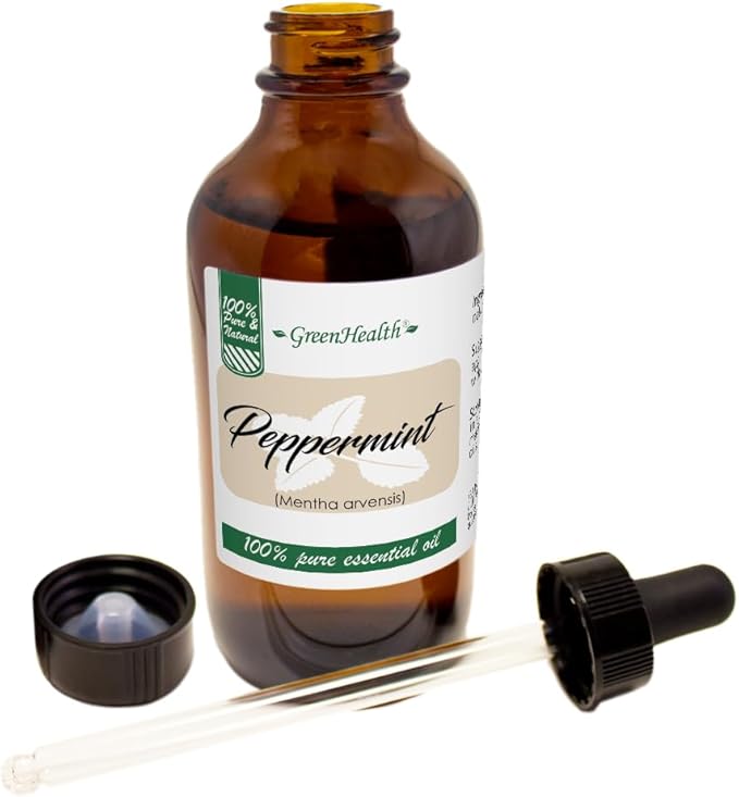 GreenHealth Peppermint Essential Oil 4 fl oz - 100% Pure Essential Oil - Amber Glass Bottle w/Glass Dropper - Fresh Mint Aroma for Diffusers, Candles, Soap Making, DIY Use
