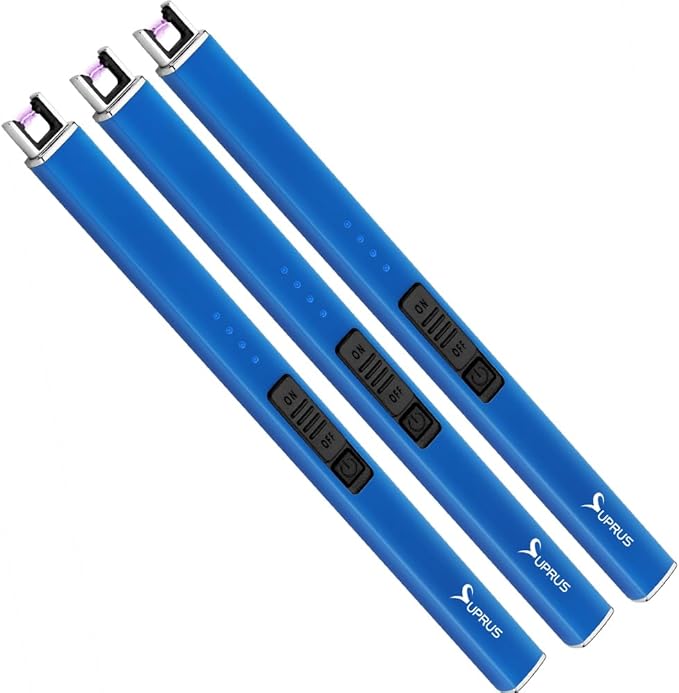 SUPRUS Fluorescent Glows in The Dark Electric Candle Lighter Rechargeable USB Arc lighters with Safety Lock Windproof Flameless Plasma for Candle BBQ Camping (Blue, 3)