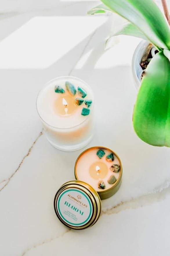 Bloom Aromatherapy Candle for Spiritual Healing, Wellness & Meditation – Amazonite Crystal-Infused with Lavender, Neroli & Jasmine – 14.5 oz Long-Burn Coconut Wax, Reusable Glass