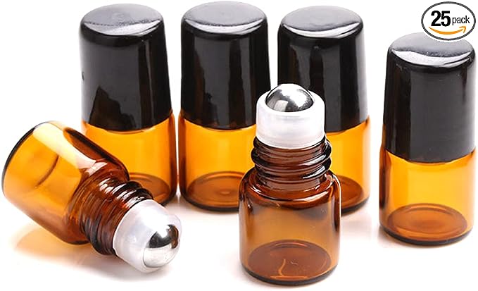 Furnido 25 Pack 1ml Amber Glass Roll on Bottle For Essential Oils,Perfume Vial with Stainless Steel Roller Ball,Black Caps Mini Sample Vials Cosmetics Small Container