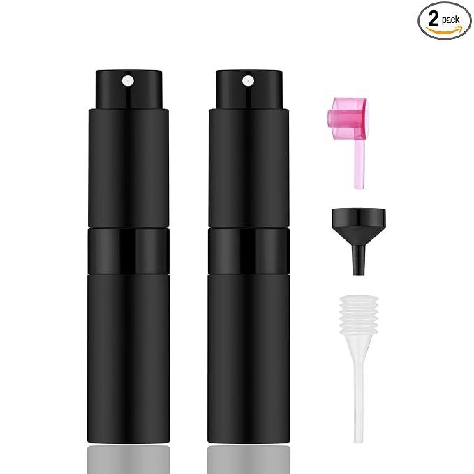 2 PCS/8ml Portable Mini Perfume Atomizer bottles, Empty Refillable Spray Bottle with 3 Types of Refill Tools, Pocket Travel Perfume Sample Bottles(Matte Black)
