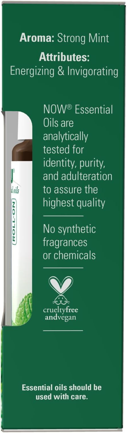 NOW Foods Essential Oils, Peppermint Roll-On, Certified Organic, Energizing Blend, Steam Distilled, Topical Aromatherapy, 10-mL (Pack of 2)