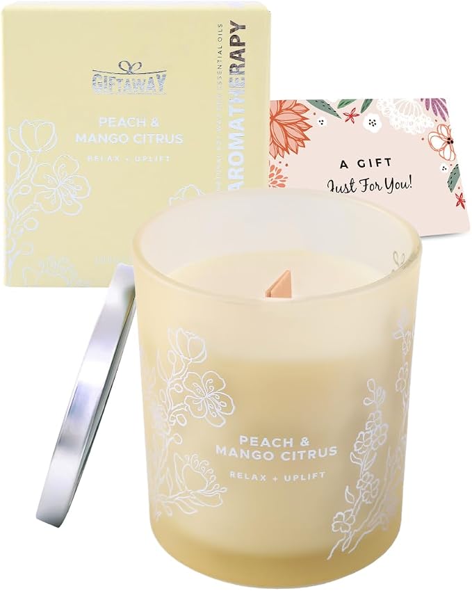 Peach Mango Citrus Candle, 10.6oz Wood Wick Soy Scented Candles for Home, Juicy Tropical Scent, Highly Scented Aromatherapy Relaxation Candle, Summer Gift for Women & Men