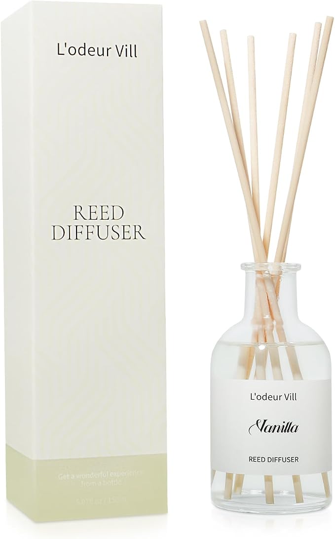 L'odeur Vill Reed Diffuser Set, 5.07 fl oz(150ml) Vanilla Reed Diffuser for Home Bathroom Diffuser with Long Lasting Scent Diffuser with 6 stricks Shelf Decor