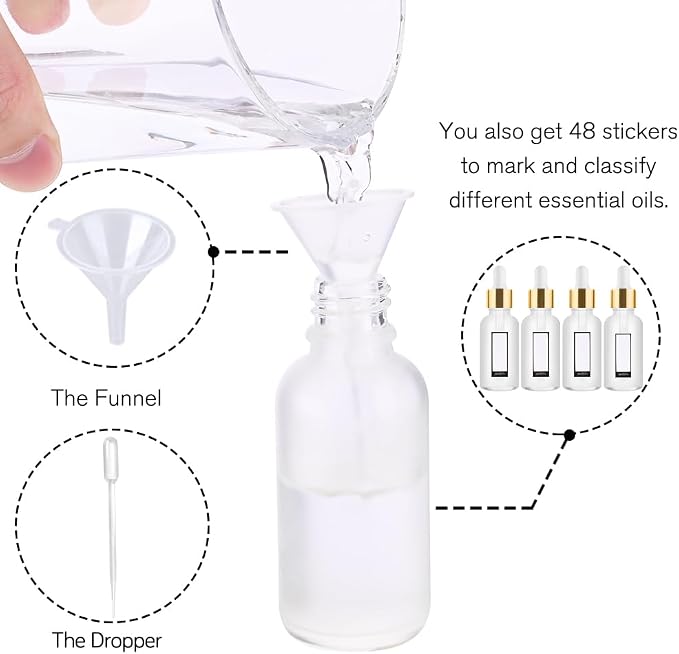 PrettyCare 1oz Glass Dropper Bottle Set of 24, Thick Rose Frosted Glass Bottles Empty with Leakproof Caps, Labels, Funnels - 30ml Eye Dropper Bottles for Storage, Travel, Essential Oils, Tincture