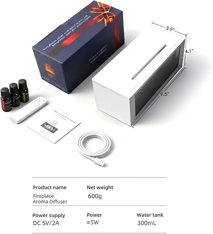 Essential Oil Diffuser,Fireplace Diffusers with 3 Aromatherapy Oils Set,300ml Color Flame Aroma Diffuser with Remote Control,Small Humidifier for Home Room Decor Gift for Women (White)