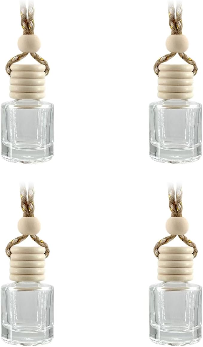 4Pcs Hanging Car Air Freshener, Empty Glass Perfume Bottle Pendant with Wooden Cap, Refillable Drift Freshener Diffuser for Essential Oils - Car Accessories for Women Men-Cylindrical