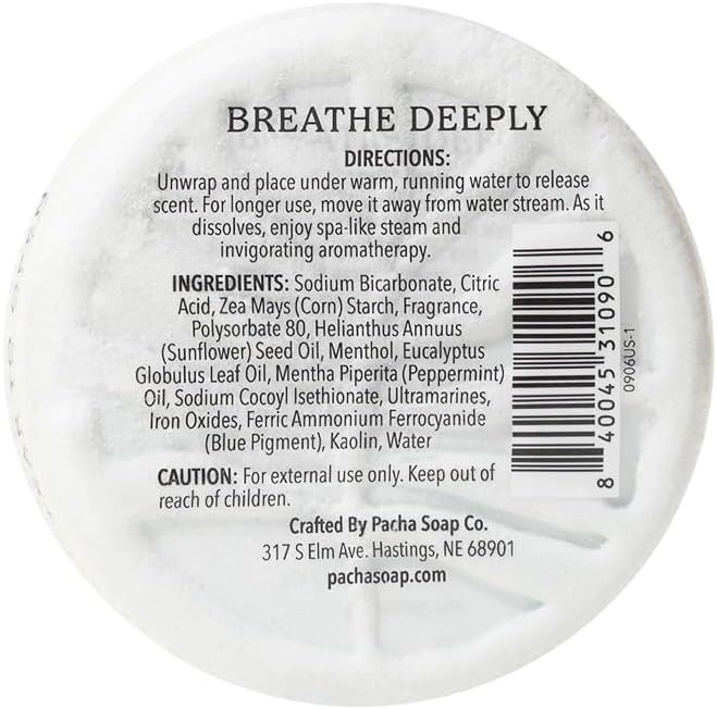 Pacha Soap Co. Shower Steamers – Breathe, Eucalyptus & Peppermint Scent, Essential Oil Aromatherapy Tablets for Relaxation & Self-Care, Handcrafted in the USA with Clean Ingredients, 3-Pack, 6 oz Each