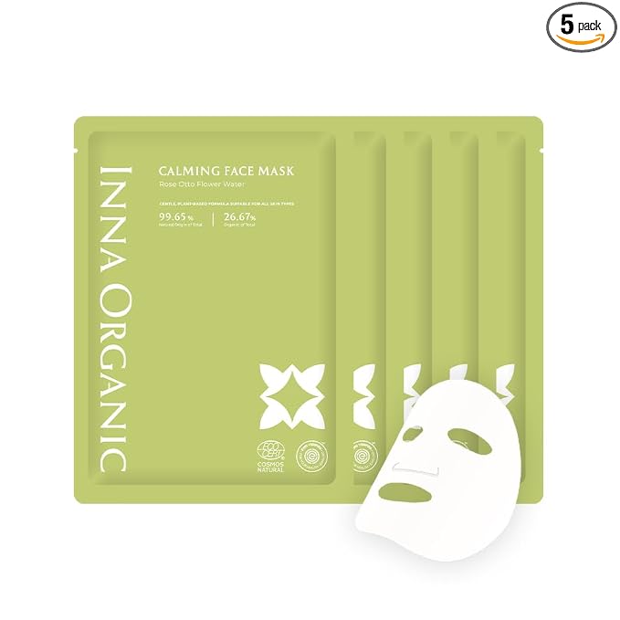 INNA ORGANIC Organic Sheet Mask - Calming & Soothing, EWG & COSMOS Certified (Pack of 5) | Green Tea & Rose Infused Skin Care | Luxury Clean Beauty