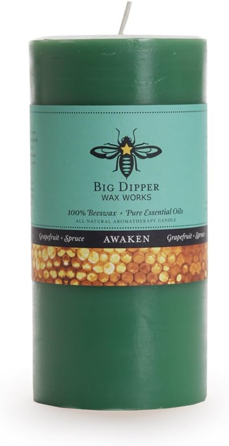 Big Dipper Wax Works 100% Pure Beeswax Pillar Candle, Awaken (Grapefruit & Spruce) Aromatherapy Candle with Pure Essential Oil, Non Toxic Natural Candle, 90 Hour Burn, Medium 3" x 6"