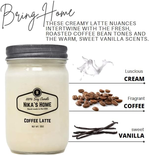 Nika's Home Coffee Latte Soy Candle - 12oz Mason Jar - Non-Toxic - Hand Poured in The USA, Long Burning 50-60 Hours Highly Scented All Natural, Clean Burning