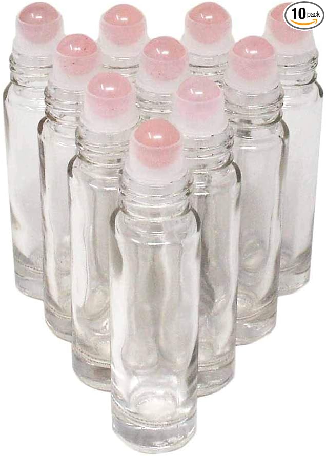 fengshuisale 10pcs Clear 10ml Empty Refillable Glass Bottles with Crystal Semiprecious Stones Essential Oil Gemstone Roller Ball Bottles with Silver Lid with Free Bag W3900 (Rose Quartz)