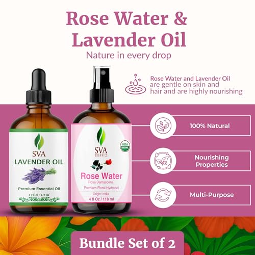 SVA Rose Water and Lavender Essential Oil 4 oz Bundle Super Saver Combo – Premium Grade Bundle Set for Hair Oiling, Scalp Massage, Hair Care, Face, Skin Care and Body Massage