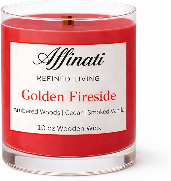 Affinati Golden Fireside Scented Candle, 10 oz Wooden Wick Tumbler Jar – Highly Fragrant Warm Smoky Hearth Aromatherapy, Winter Soy Gift