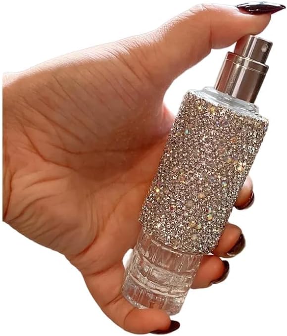 Luxury Rhinestone 30ML Refillable Perfume Bottle – High-End Portable Large Capacity Glass Spray Bottle with Aluminum Atomizer (Silver)