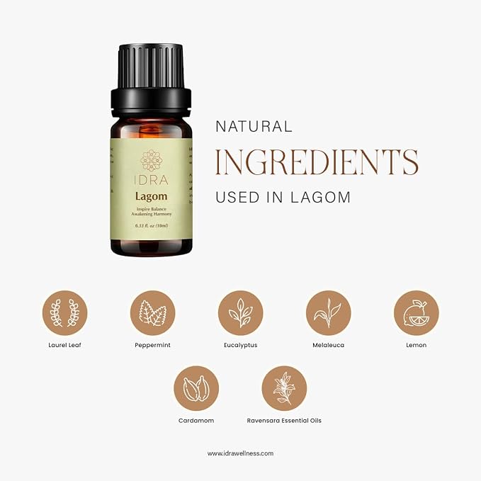IDRA Lagom Essential Oil Blend for Diffuser and Aromatherapy by Idra Wellness - Diffuser with Laurel Leaf, Peppermint Essential Oil Lemon Essential Oil 10 ML