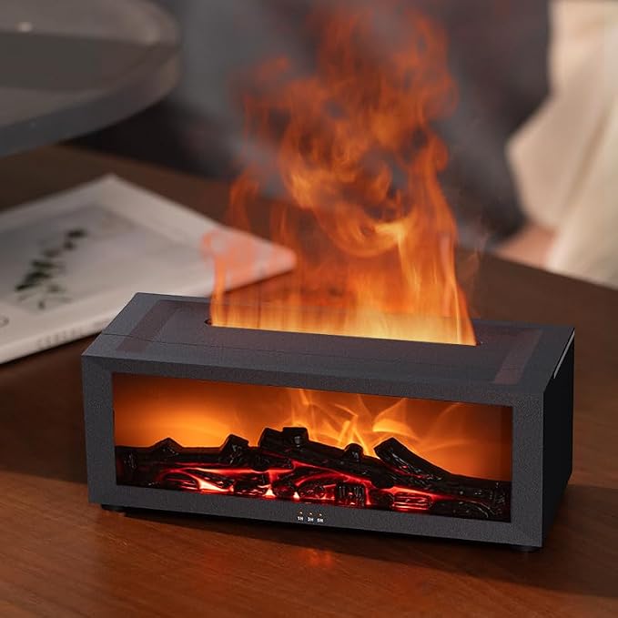 Essential Oil Diffuser, Fireplace Flame Oil Diffuser - Aromatherapy Aroma Humidifier, Upgrade 7 Colors Noiseless Remote Control - Perfect for Bedroom Home Office (150ml Fireplace Flame, White)