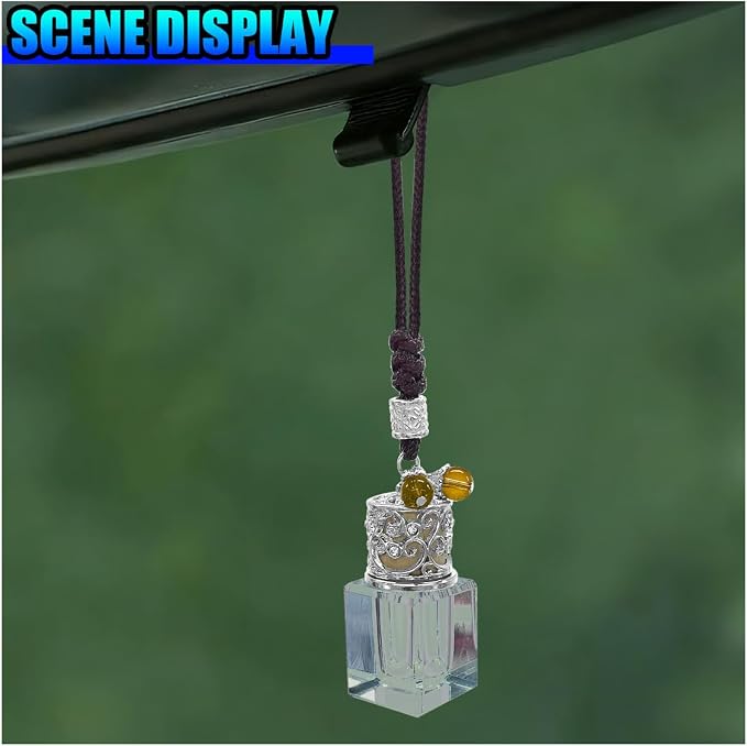 Hanging Car Essential Oil Diffuser Bottle, Crystal Block Car Rear View Mirror Charm, 8 ml Empty Glass Bottle Pendant, Elegant Auto Interior Decoration Accessories (Block)