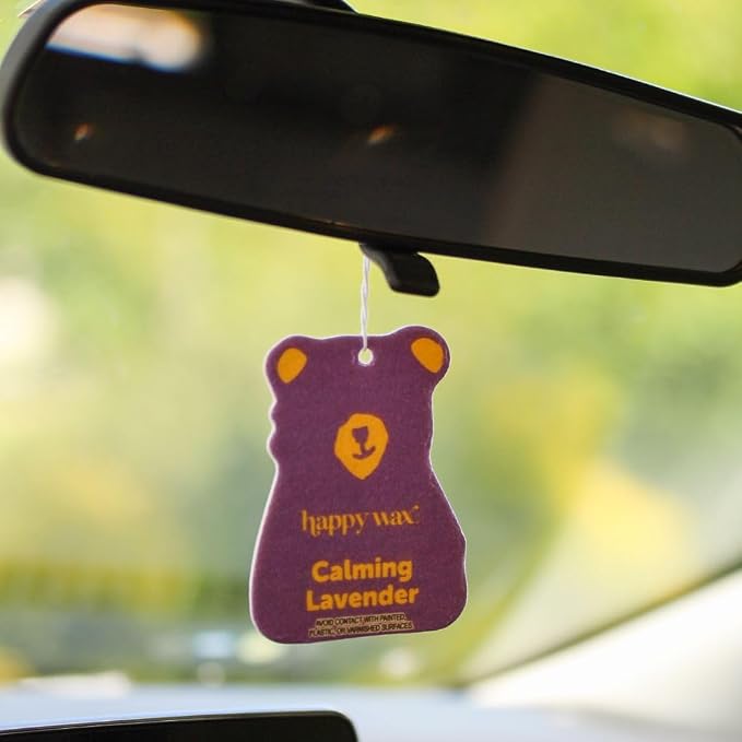 Happy Wax Calming Lavender Hanging Car Cub Air Freshener - Scented and Infused with Natural Essential Oils - Cute 4-Pack