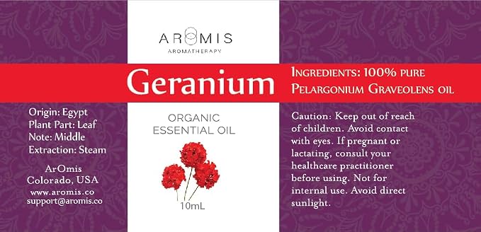 ArOmis Geranium Essential Oil - Organic - 100% Pure Therapeutic Grade - 10ml (.34 Fl Oz), Undiluted, Premium 150 Micron Filtered for Nebulizer Use
