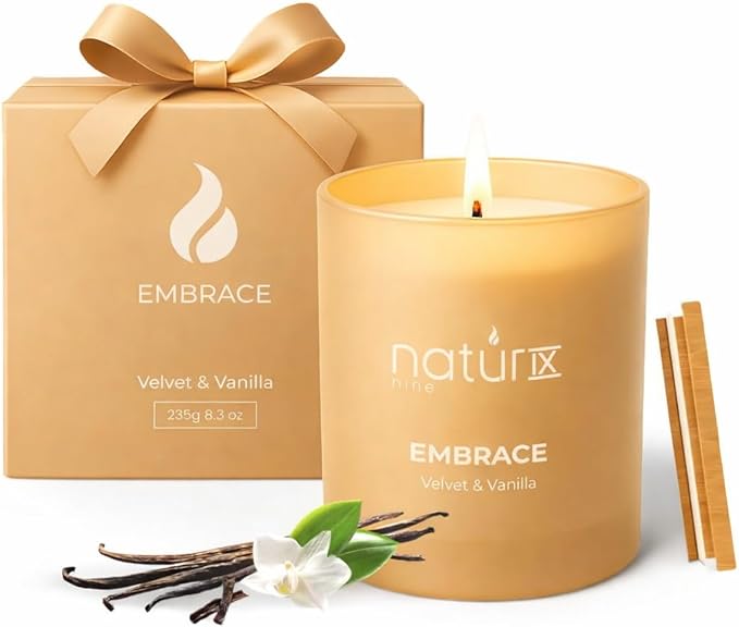 Natur IX Embrace Scented Candles for Home | Velvet & Vanilla | Natural Non Toxic Soy Candles with Essential Oils | 50 H Long Burning