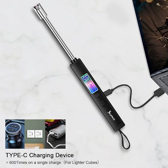 SUPRUS Electric Candle USB Type C Rechargeable 360° Flexible Neck Lighter with Upgraded LED Battery Display Safety Switch Flameless Plasma Windproof (Black, 3Packs)