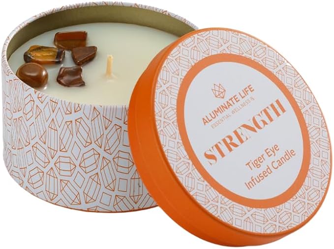 Luxury Candle Tin, 6 OZ, Strength - Tiger Eye Crystal Infused - Scents of Cedarwood, Amber, & Sage - Power, Courage, & Expansion - Coconut Wax, Essential Oils, Dr. Developed