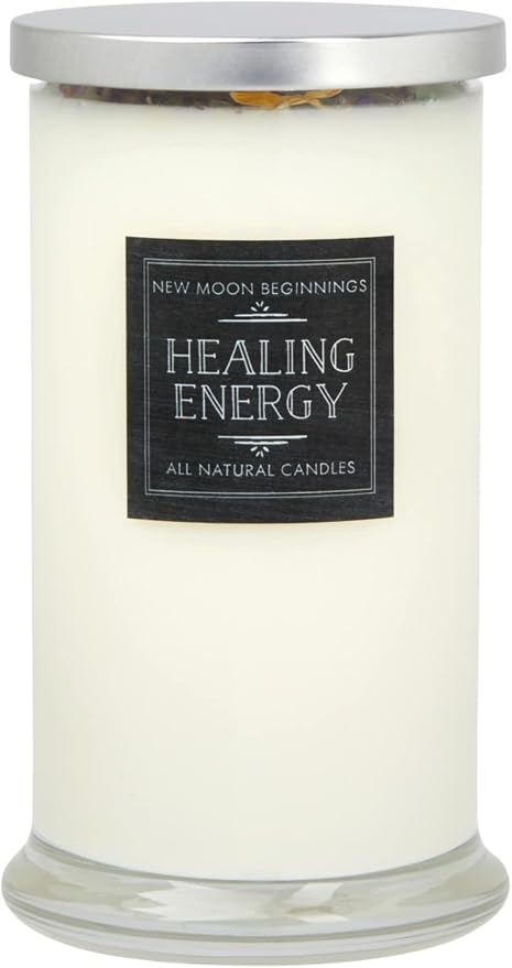 New Moon Beginnings Healing Candle - Negative Energy Cleansing - Soy Aromatherapy - Handmade with Crystals & Herbs - 21oz Glass Jar
