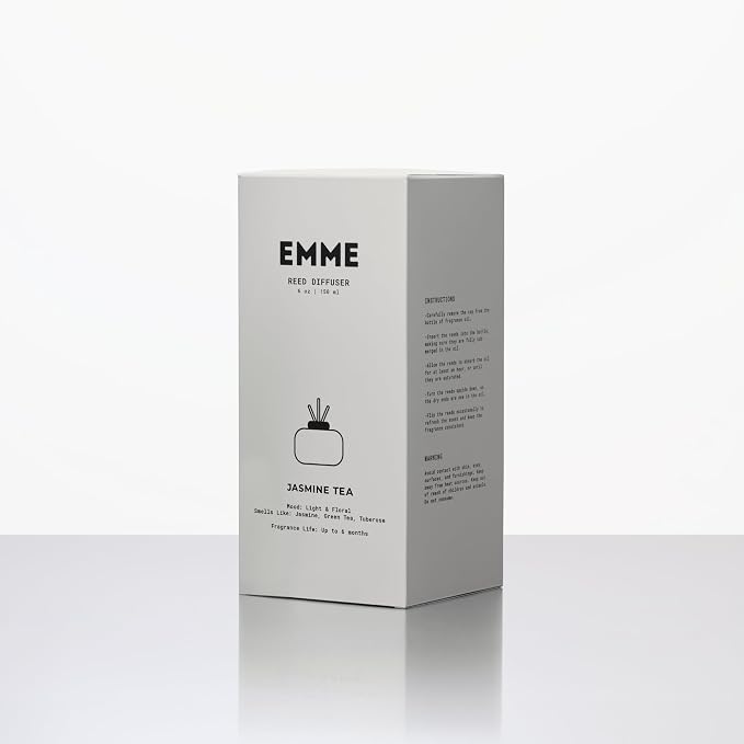 EMME NYC Jasmine Tea Reed Diffuser – Luxury Home Fragrance, Long Lasting Flameless Diffuser with Natural Reeds, Non-Toxic & Pet Safe, Premium Glass Vessel, 6 oz