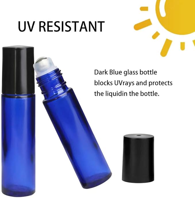24-Pack 10ml Glass Roll-On Bottles with Stainless Steel Rollers, Refillable Roll-On Applicators for Essential Oils, Castor Oil, Aromatherapy, and Empty Deodorant Containers (Blue)