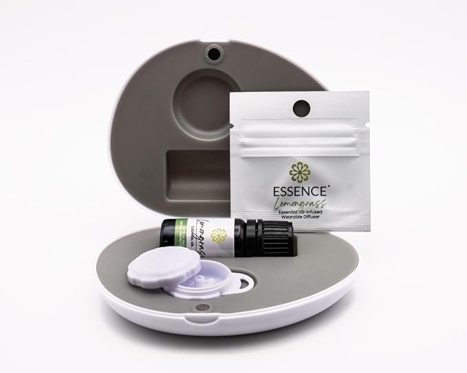 Essence Pearl Travel Case | Lemongrass Essential Oil | Aromatherapy Nasal Diffuser & Essential Oil Carrying Case | Refreshing Lemongrass Scent | Travel-Friendly Kit | White Pod