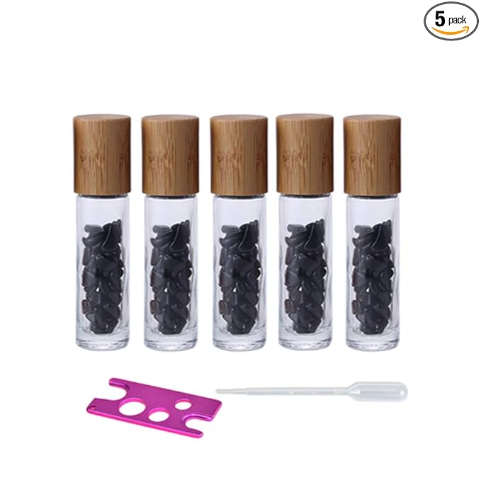 5 Pack 10ml Clear Roll On Bottles With Natural Chakra Crystal Chips for Essential Oils,Perfume Glass Roller Bottles Container Bamboo Lid,Crystal Roller,Pipette&Opener Included (Black Obsidian)