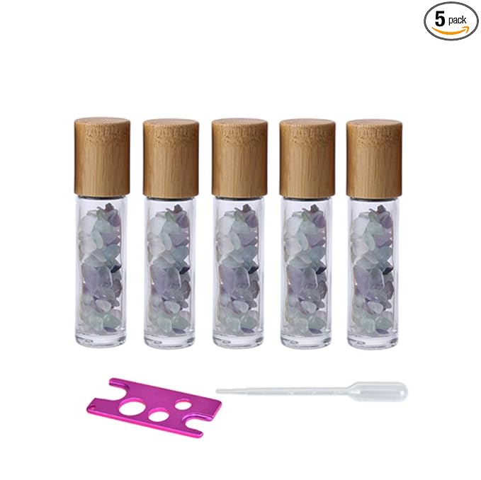 5 Pack 10ml Clear Roll On Bottles With Natural Chakra Crystal Chips for Essential Oils,Perfume Glass Roller Bottles Container Bamboo Lid,Crystal Roller,Pipette&Opener Included (Fluorite)