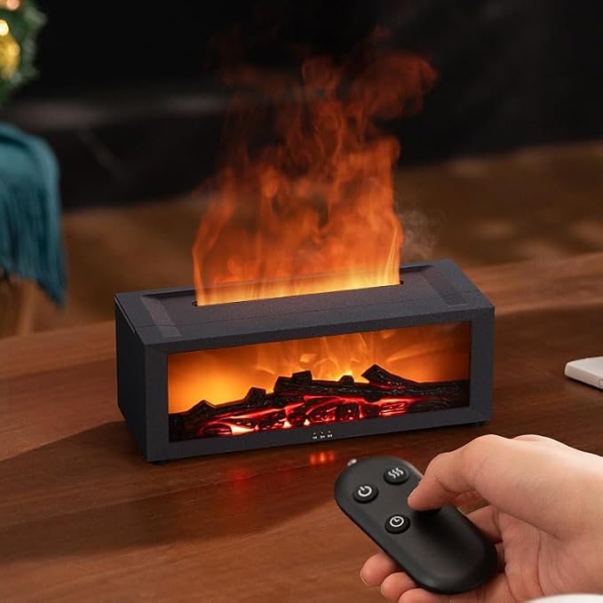 Essential Oil Diffuser, Fireplace Flame Oil Diffuser - Aromatherapy Aroma Humidifier, Upgrade 7 Colors Noiseless Remote Control - Perfect for Bedroom Home Office (150ml Fireplace Flame, White)