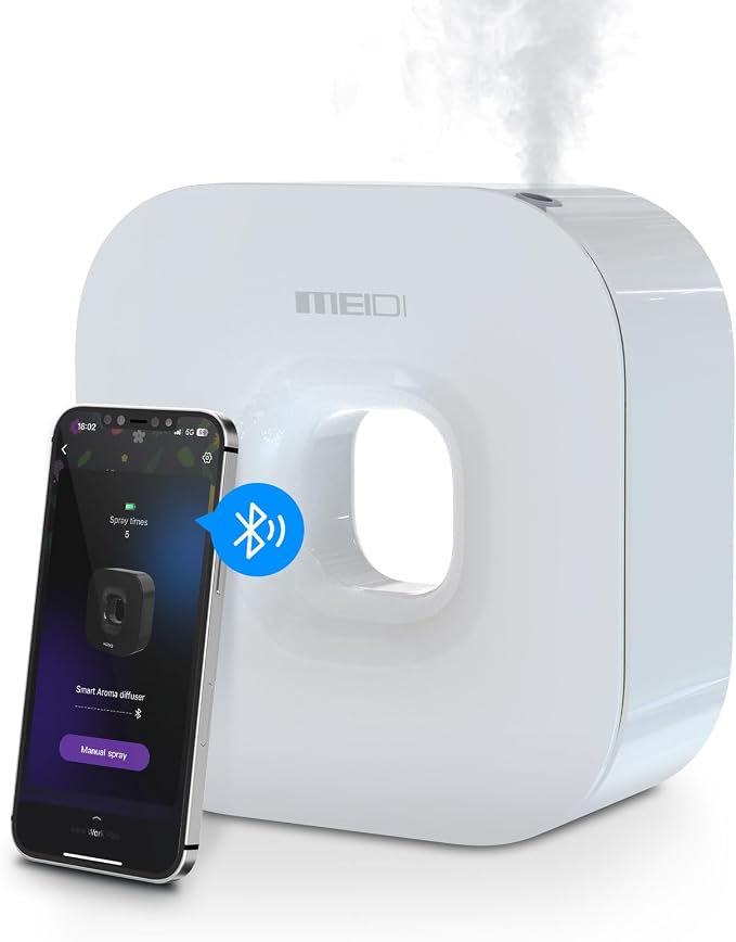 MEIDI Waterless Essential Oil Diffuser - Bluetooth Cordless Aromatherapy Diffuser with App Control, Smart Timer Setting, Hang-up Design and Wide Coverage for Home, Office, Hotel and SPA (White)