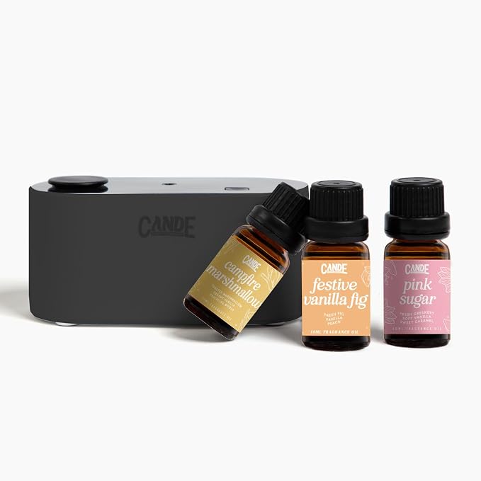 CANDE Waterless Travel Diffuser Gift Set - Rechargeable Home Fragrance for Aromatherapy - Includes 3 Fragrance Oils - Scent Diffuser for Office and Home (Black, Warm)