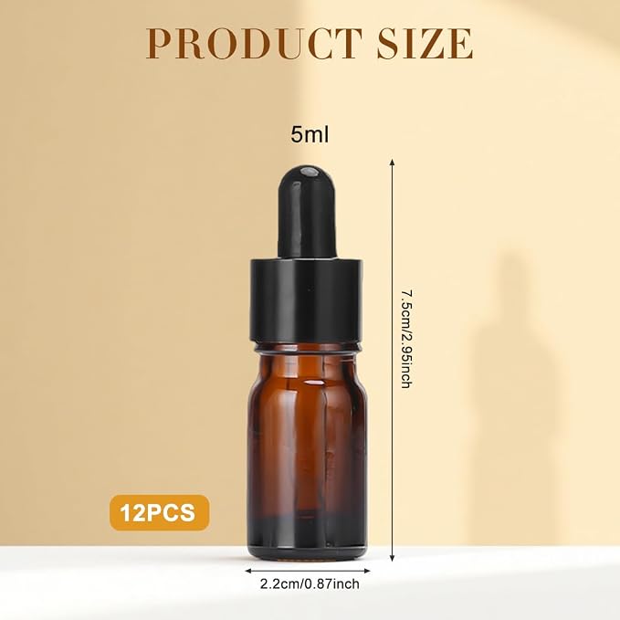 erioctry 5ML/10ML Amber Glass Essential Oil Bottles and Eyed Dropper Black Caps Makeup Cosmetic Sample Container Boxes of Glass for Essential Oil Aromatherapy Use(Pack of 12) (5ML)