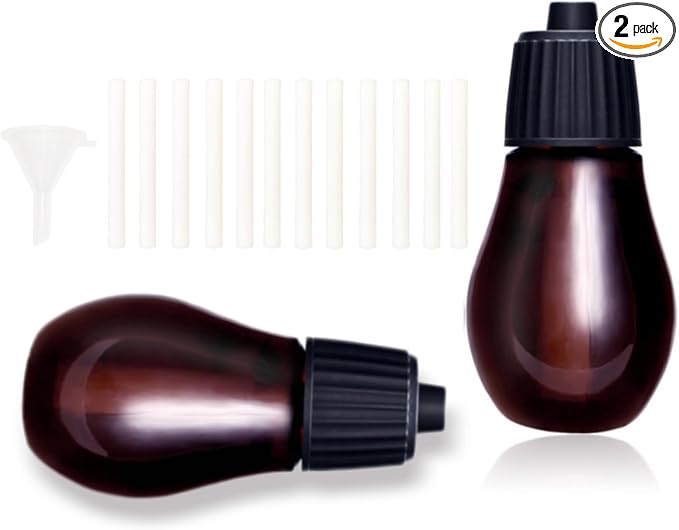 2Pcs Empty Glass Bottles for Essential Oils 20ml with 12 Diffuser Cores & Mini Funnel Fits Waterless Diffuser - Refillable Liquid Sample Vials Test Container- Great for Oils Perfumes DIY Aromatherapy