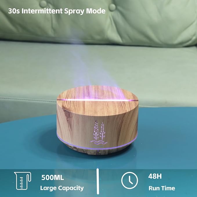 Ultrasonic Essential Oil Diffuser 500ml, Wood Grain Aromatherapy Diffuser with 7 Colors Flame Night Light, 32H Cool Mist for Home Bedroom Large Room Office