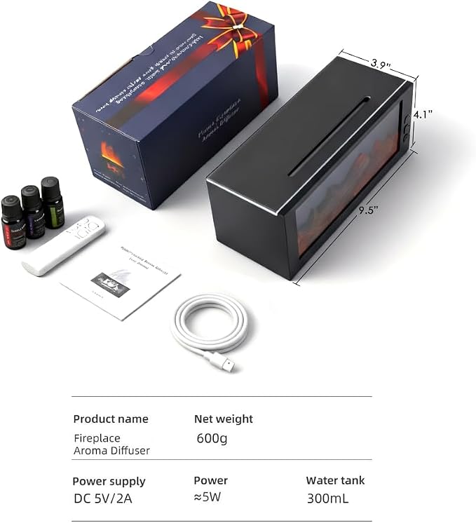 Essential Oil Diffuser,Fireplace Diffusers with 3 Essential Oils Set,Color Flame Aroma Diffuser with Remote Control,300ml Small Humidifier for Home Room Decor Gift for Women (Black)